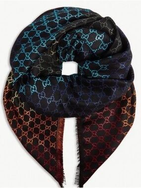 Gucci Black Multicolor GG Logo wool Scarf